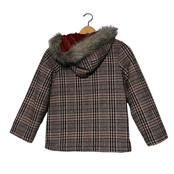 Girls Coat Size 10 Plaid Wool Blend Faux Fur Hood Full Zip Jessica Simpson - Picture 7 of 10